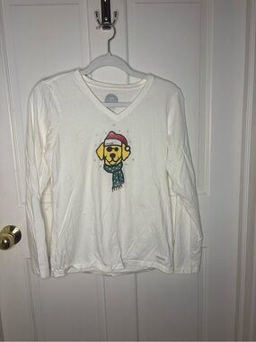 Life is Good Long-Sleeve White Holiday Dog Graphic Tee size S